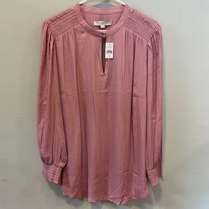 Mauve blouse, rouched cuffs & keyhole neckline with button closure. Loft Size 18